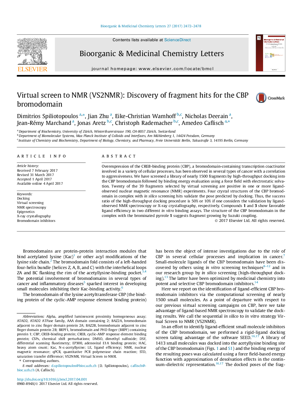 Virtual screen to NMR (VS2NMR): Discovery of fragment hits for the CBP bromodomain