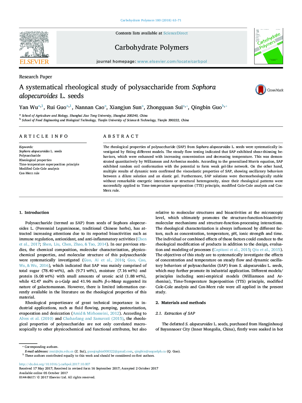 A systematical rheological study of polysaccharide from Sophora alopecuroides L. seeds