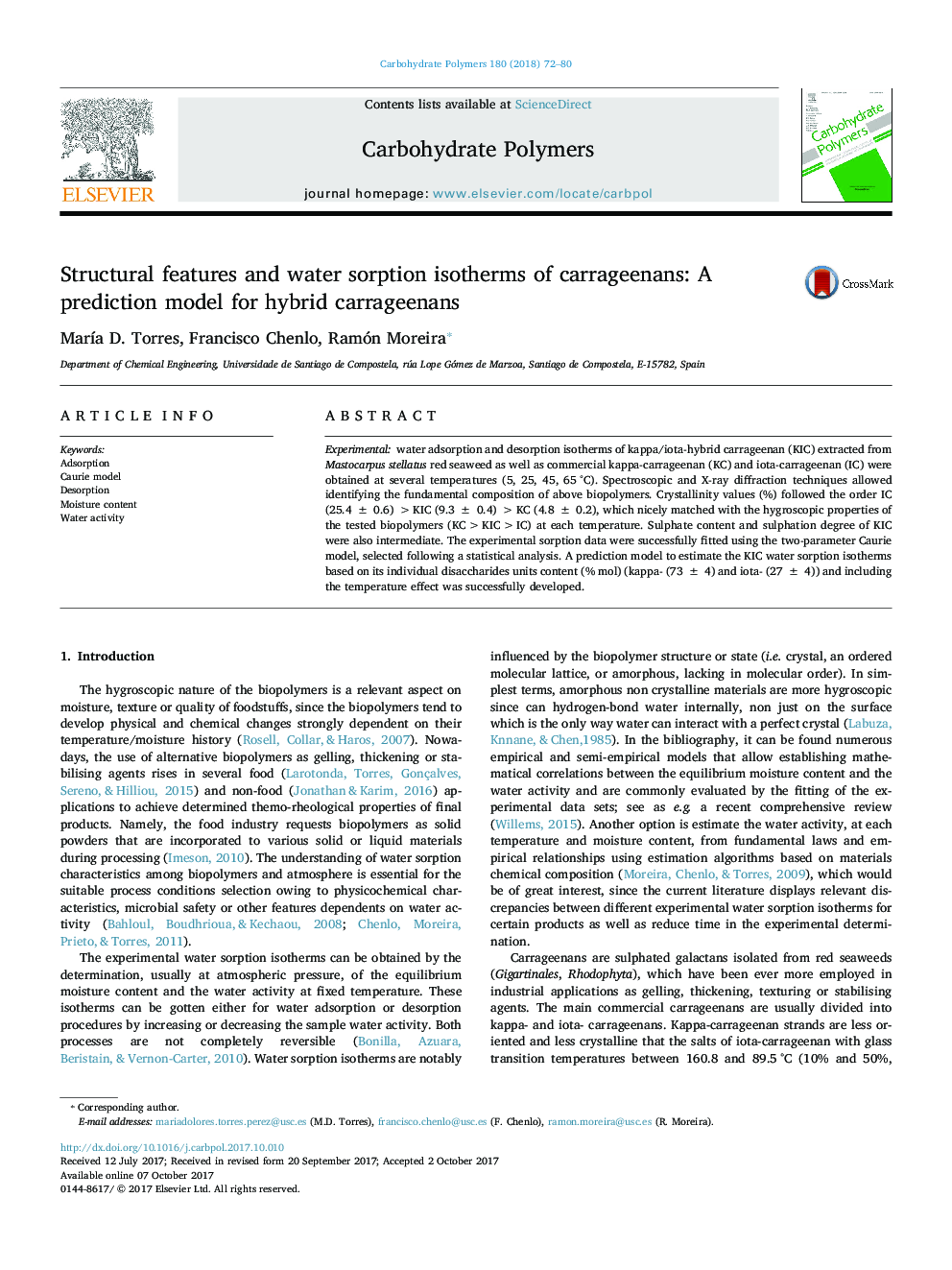 ویژگی های ساختاری و ایزوترم جذب آب کاراژیان ها: یک مدل پیش بینی برای کاراژین های هیبرید