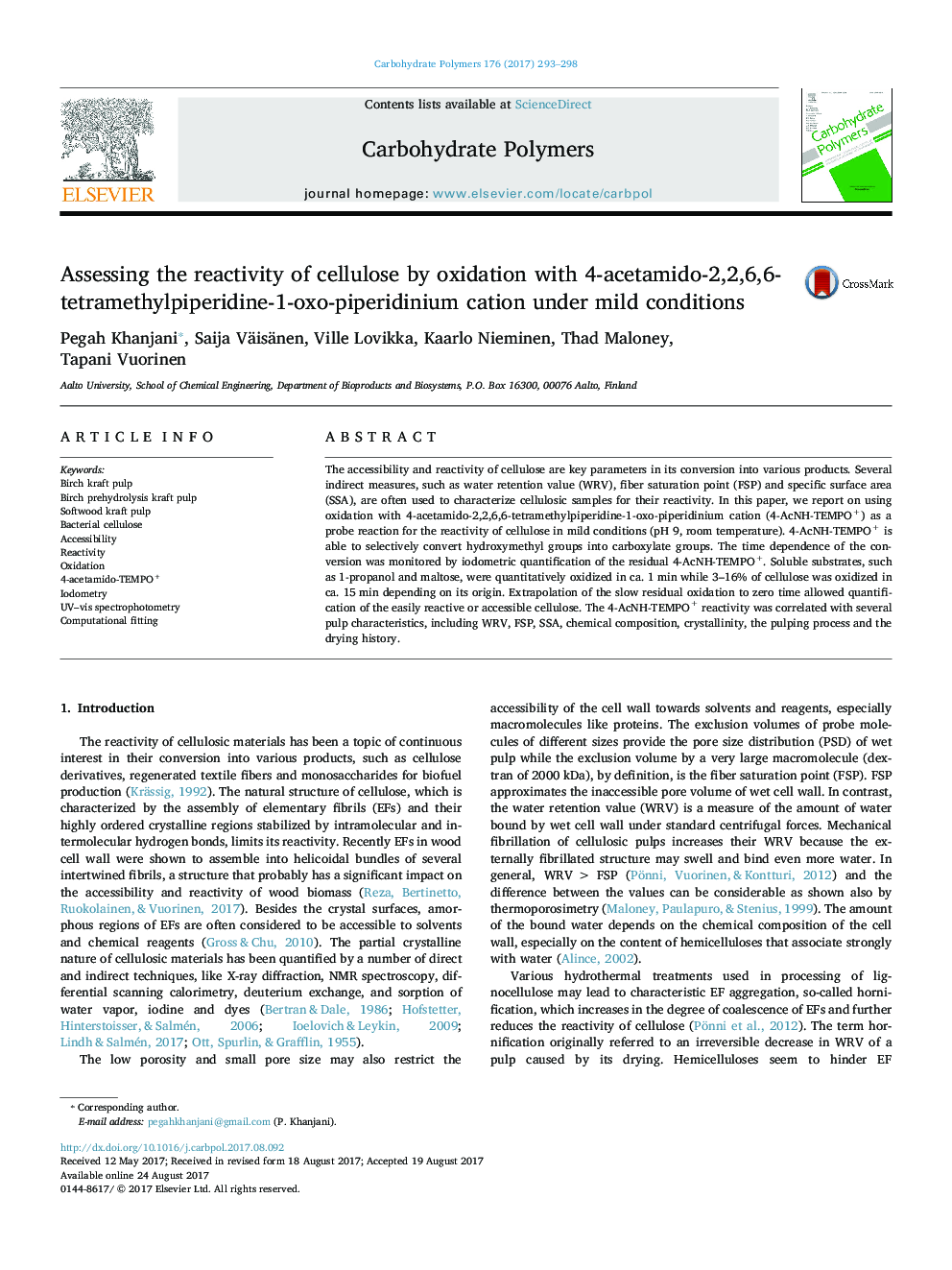 ارزیابی واکنش پذیری سلولز توسط اکسیداسیون با کاتیون 4-استامیدو-2،2،6،6-تترامتیلیکپیریدین-1-اکسپپپوردینیم تحت شرایط خفیف 