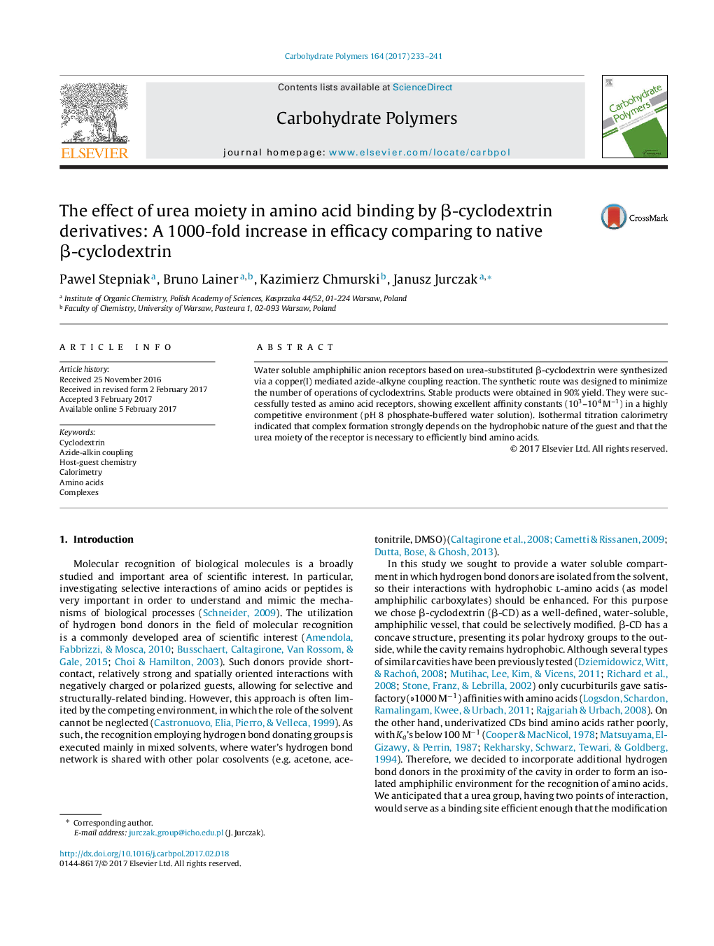 The effect of urea moiety in amino acid binding by Î²-cyclodextrin derivatives: A 1000-fold increase in efficacy comparing to native Î²-cyclodextrin