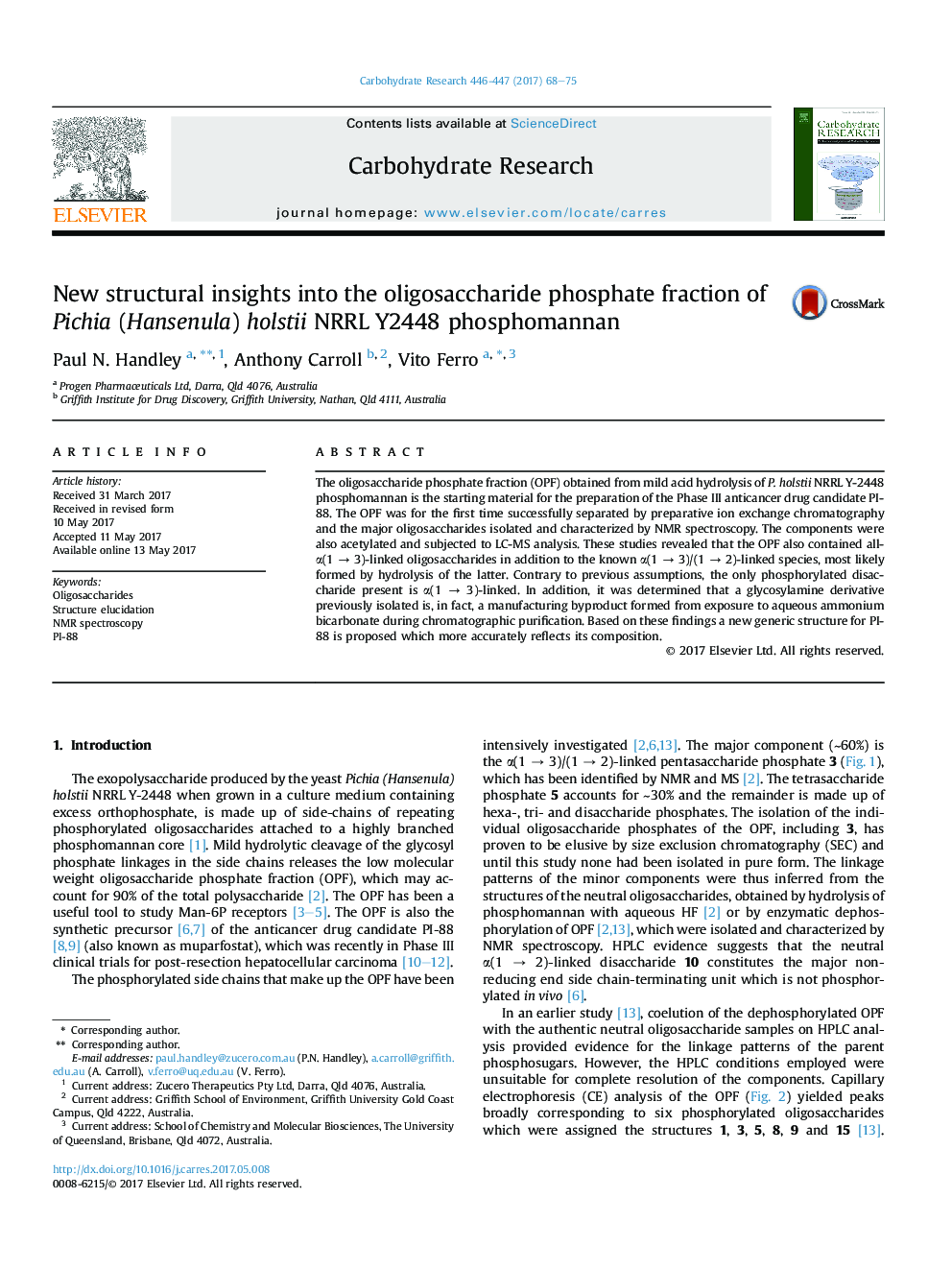 New structural insights into the oligosaccharide phosphate fraction of Pichia (Hansenula) holstii NRRL Y2448 phosphomannan