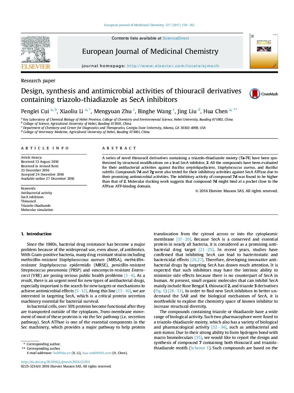 Design, synthesis and antimicrobial activities of thiouracil derivatives containing triazolo-thiadiazole as SecA inhibitors