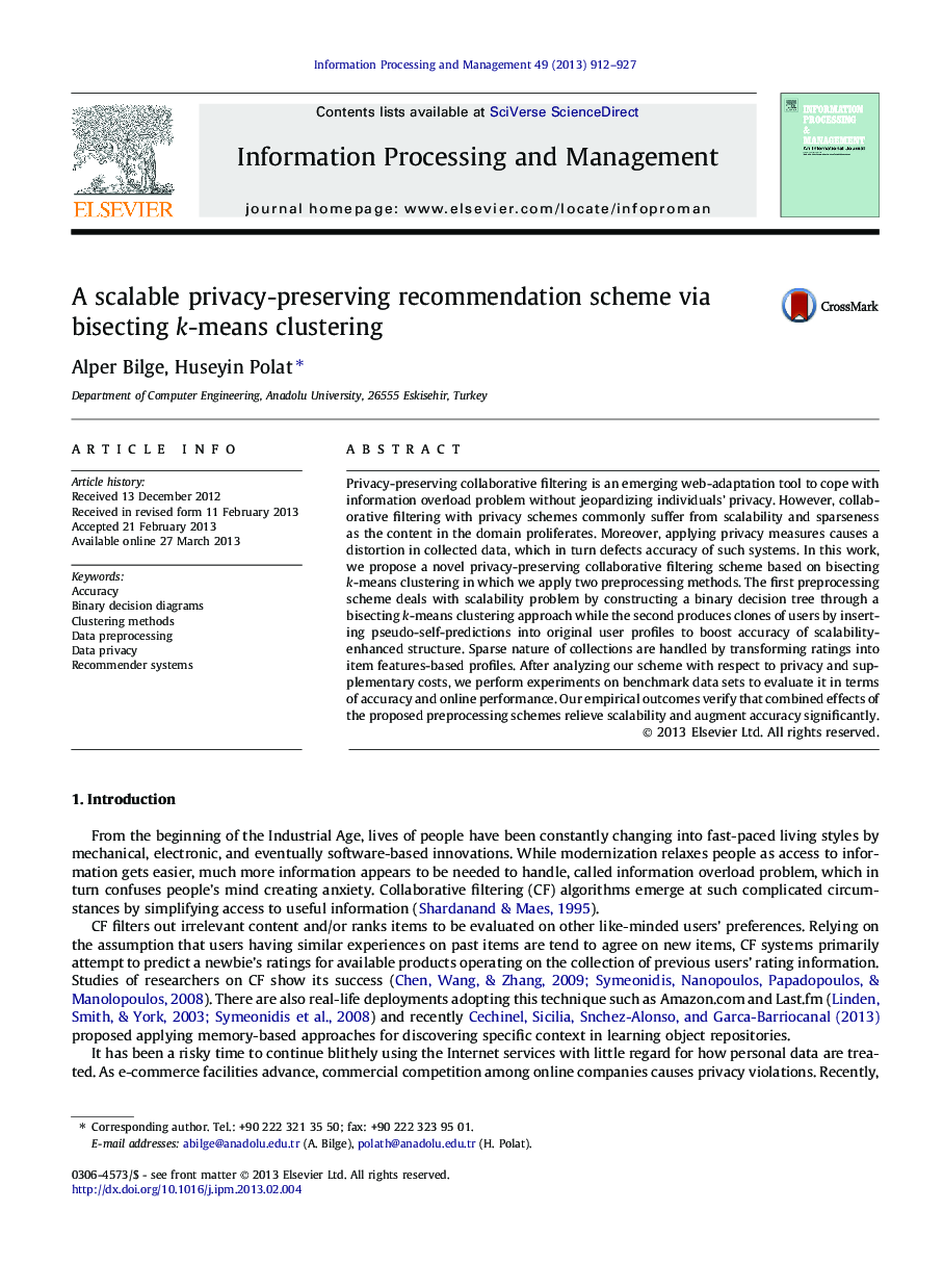 A scalable privacy-preserving recommendation scheme via bisecting k-means clustering