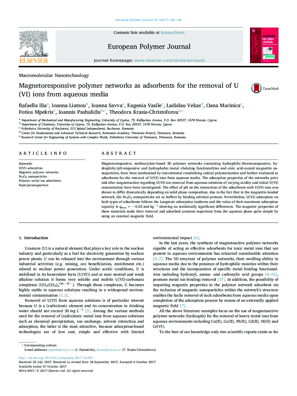 Magnetoresponsive polymer networks as adsorbents for the removal of U(VI) ions from aqueous media