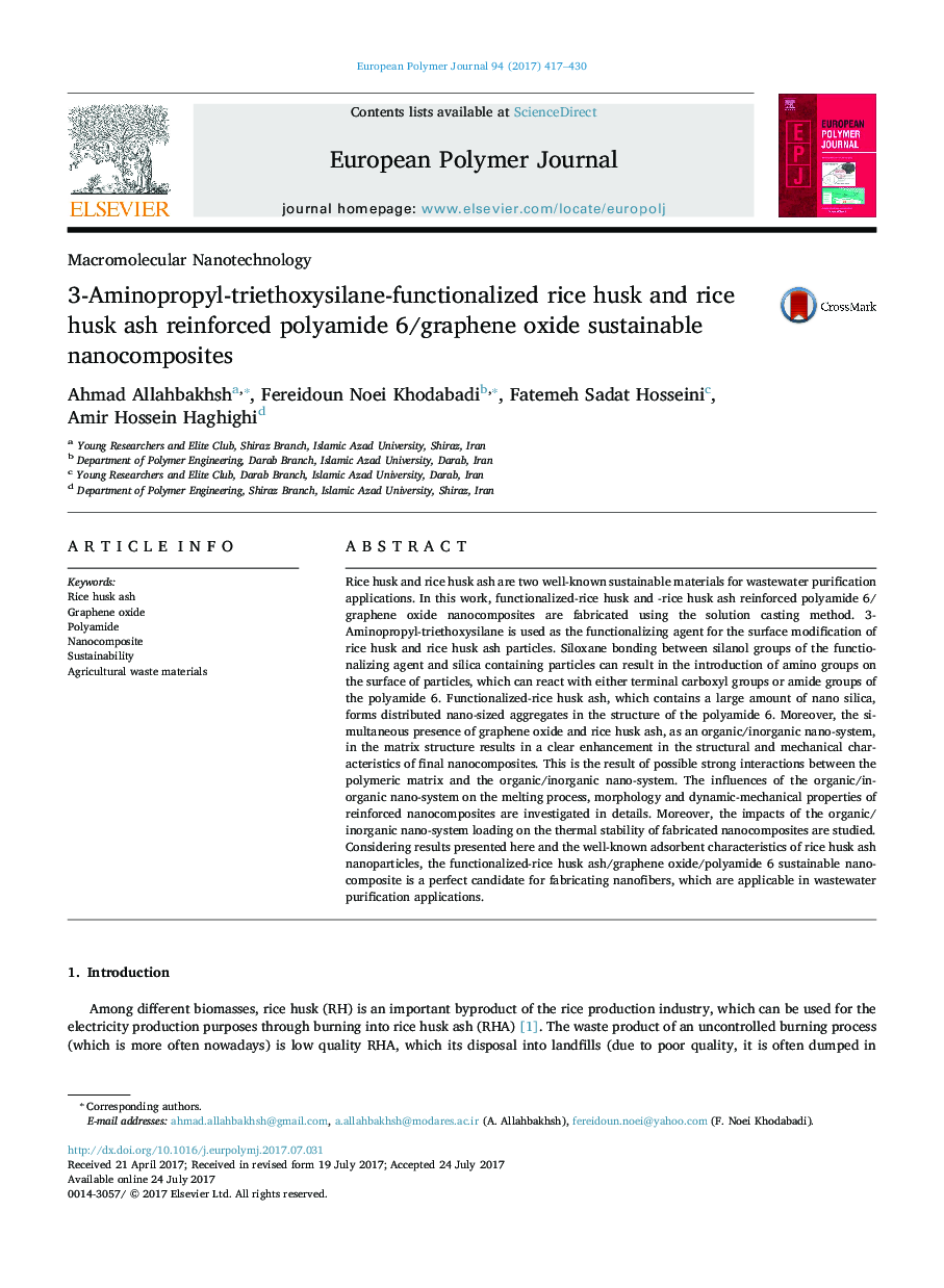 3-Aminopropyl-triethoxysilane-functionalized rice husk and rice husk ash reinforced polyamide 6/graphene oxide sustainable nanocomposites