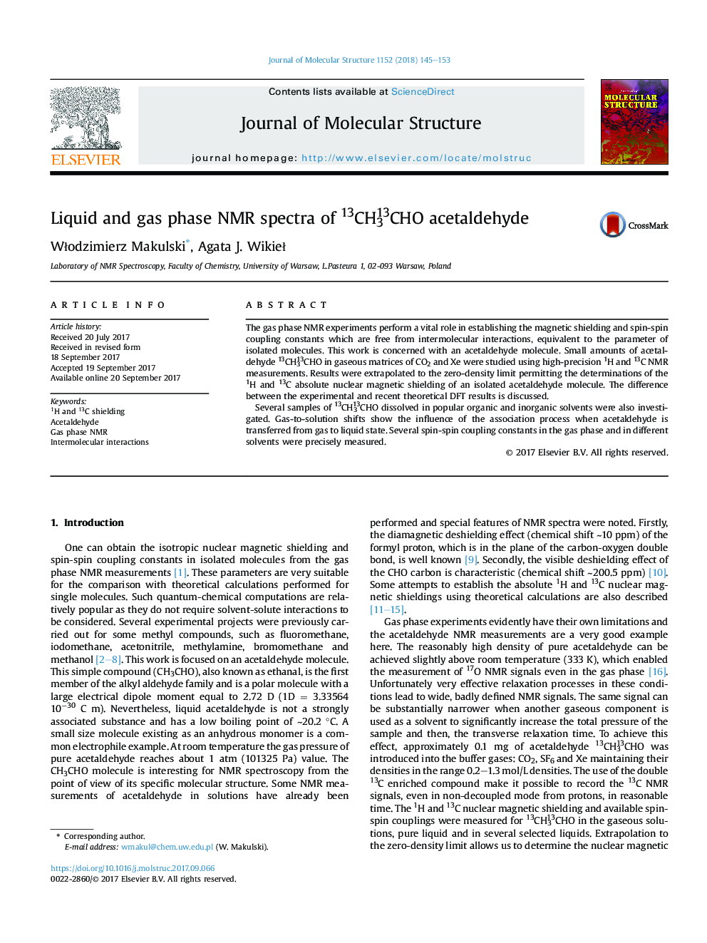 Liquid and gas phase NMR spectra of 13CH313CHO acetaldehyde