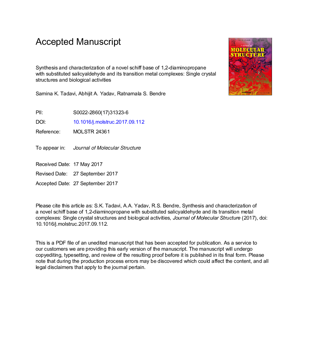 Synthesis and characterization of a novel schiff base of 1,2-diaminopropane with substituted salicyaldehyde and its transition metal complexes: Single crystal structures and biological activities