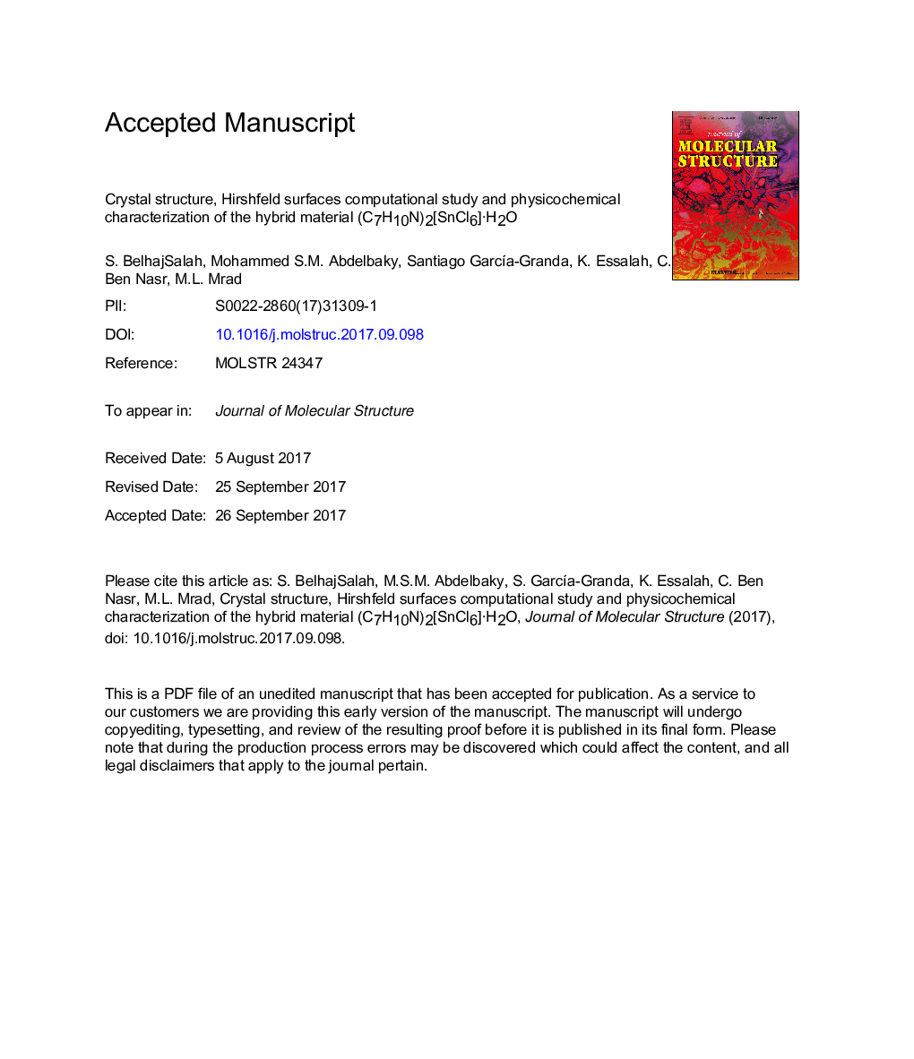 Crystal structure, Hirshfeld surfaces computational study and physicochemical characterization of the hybrid material (C7H10N)2[SnCl6]Â·H2O