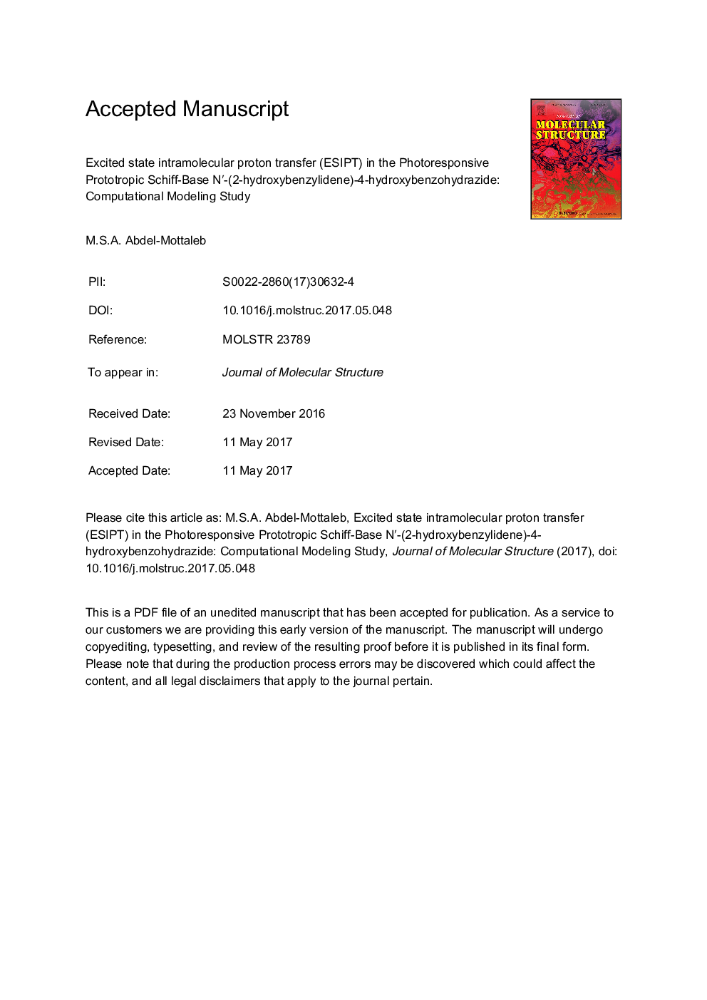 Excited state intramolecular proton transfer (ESIPT) in the Photoresponsive Prototropic Schiff-Base Nâ²-(2-hydroxybenzylidene)-4-hydroxybenzohydrazide: Computational Modeling Study