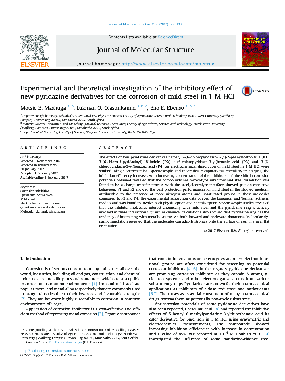 Experimental and theoretical investigation of the inhibitory effect of new pyridazine derivatives for the corrosion of mild steel in 1Â M HCl