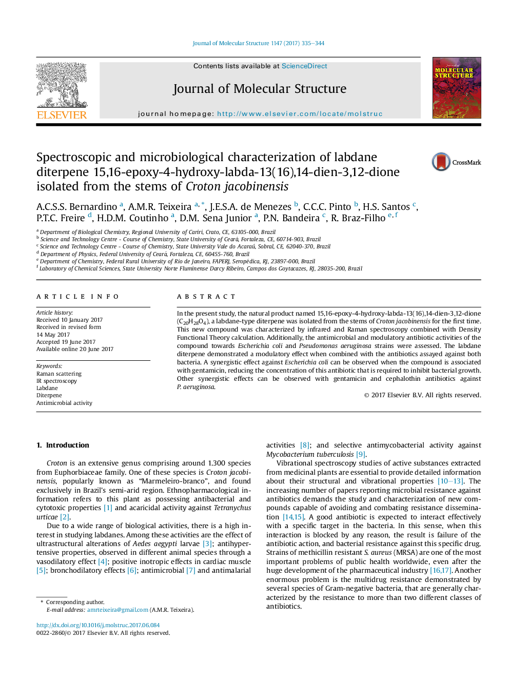 Spectroscopic and microbiological characterization of labdane diterpene 15,16-epoxy-4-hydroxy-labda-13(16),14-dien-3,12-dione isolated from the stems of Croton jacobinensis