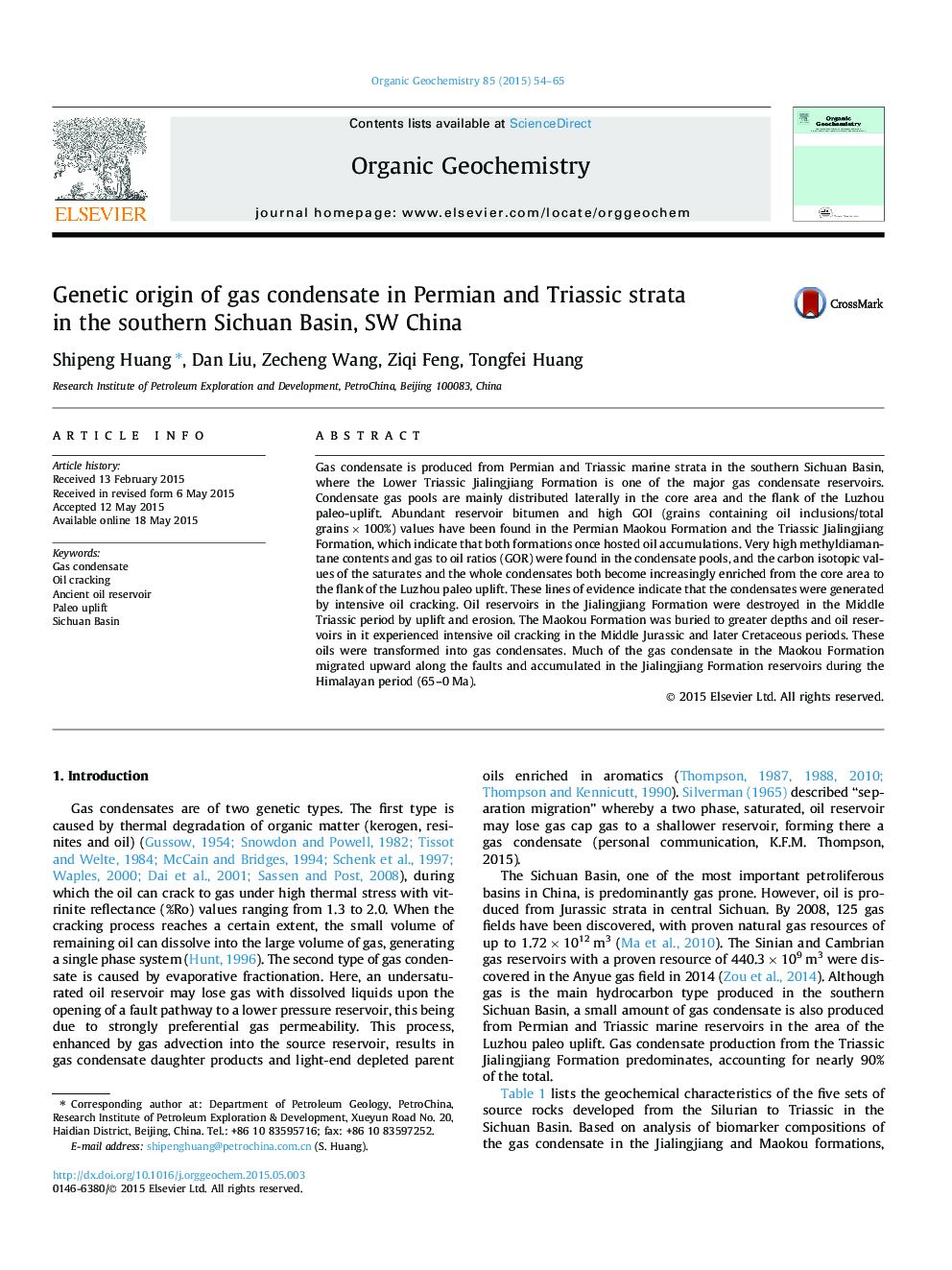 منشاء ژنتیکی میعانات گازی در پرمین و تریاس در جنوب حوضه سیچوان، جنوب غربی چین 