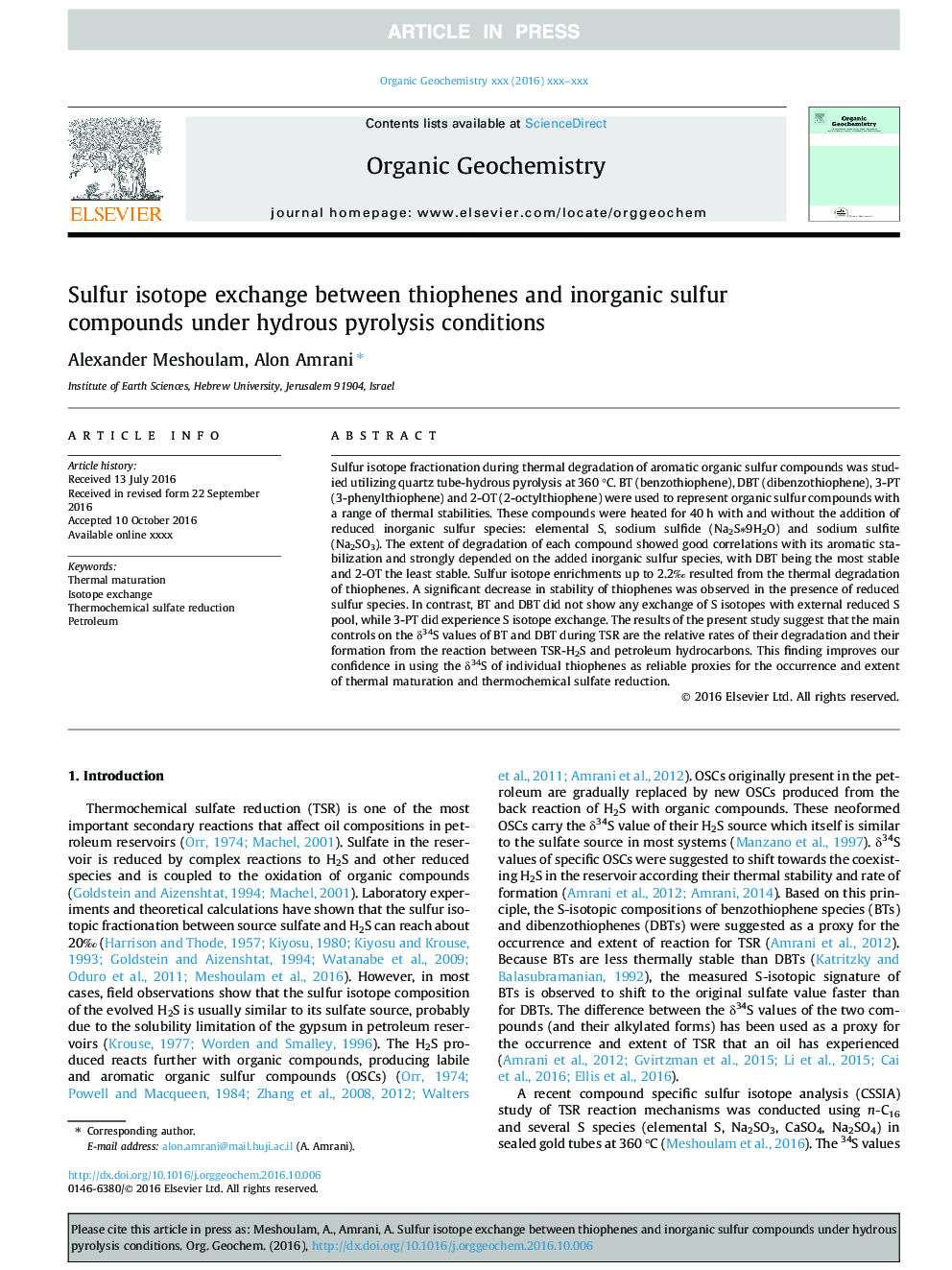 تبادل ایزوتوپی گوگرد بین تیوفن ها و ترکیبات گوگرددار معدنی تحت شرایط آیرودینامیک آبی 