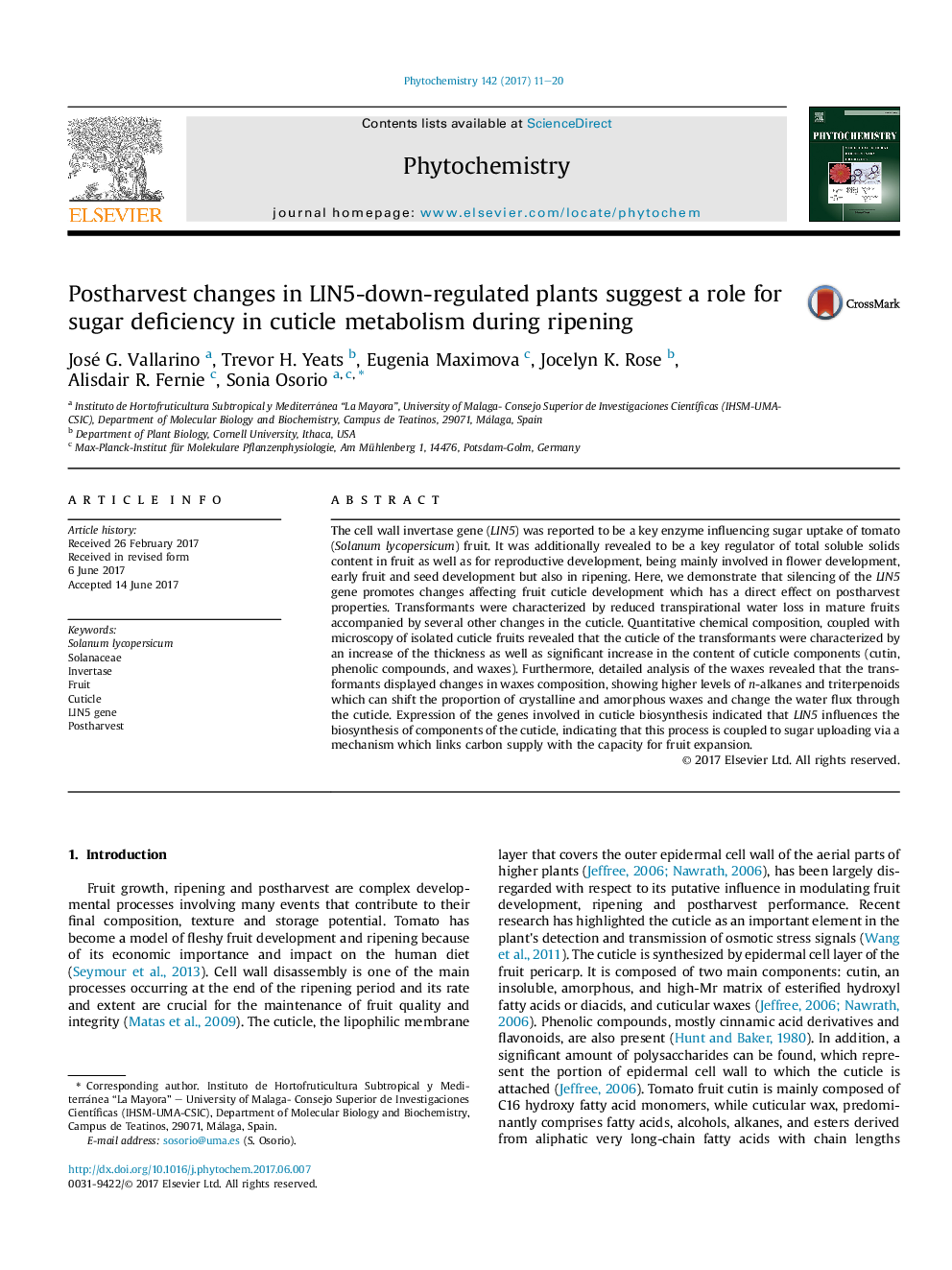 Postharvest changes in LIN5-down-regulated plants suggest a role for sugar deficiency in cuticle metabolism during ripening