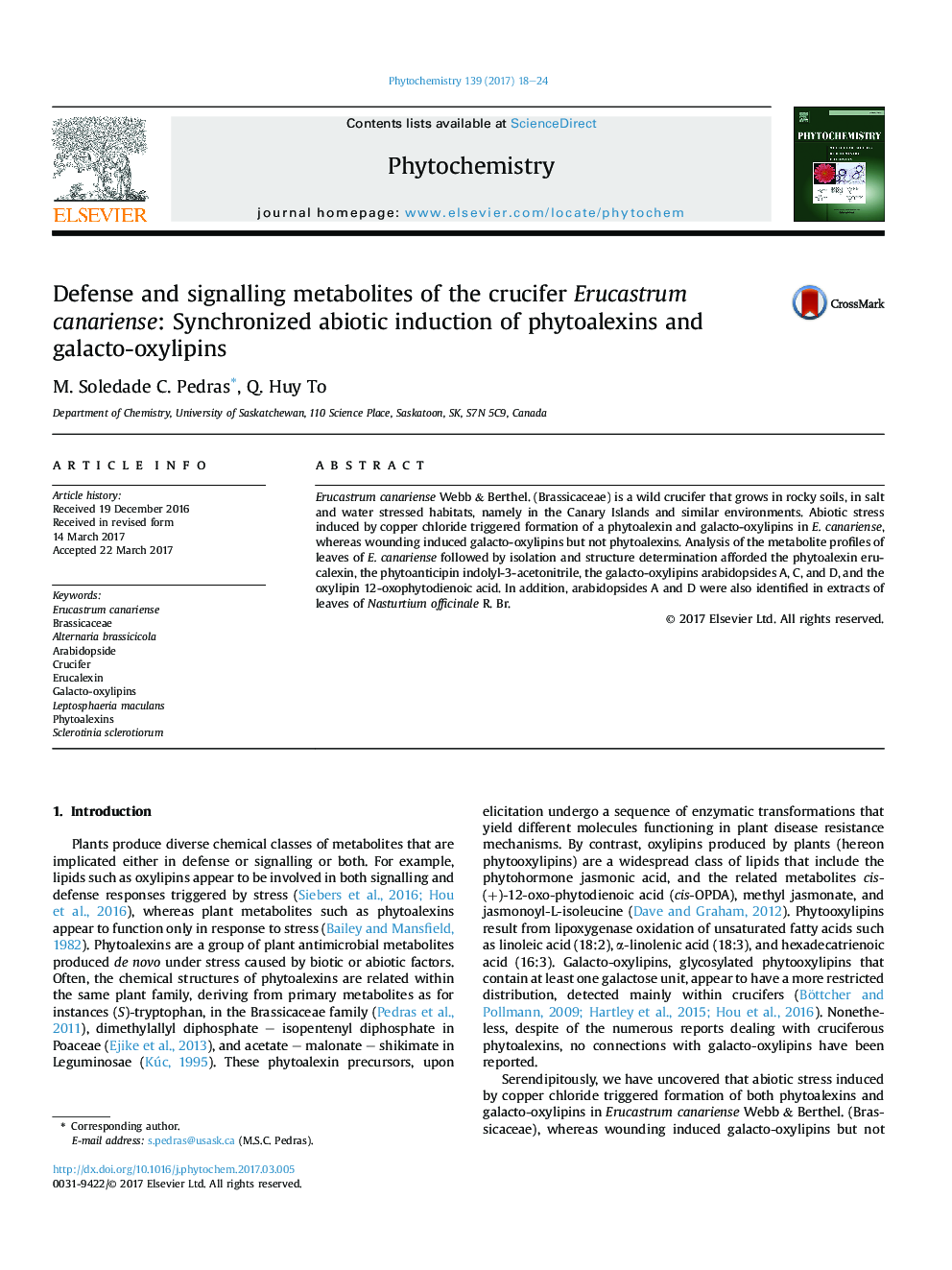 Defense and signalling metabolites of the crucifer Erucastrum canariense: Synchronized abiotic induction of phytoalexins and galacto-oxylipins