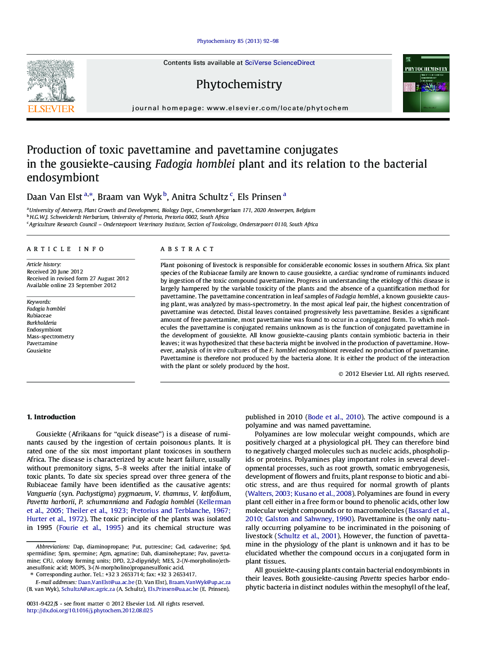 Production of toxic pavettamine and pavettamine conjugates in the gousiekte-causing Fadogia homblei plant and its relation to the bacterial endosymbiont