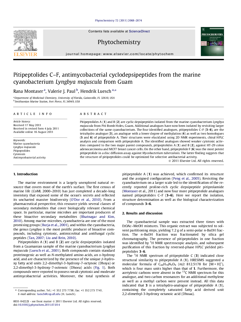 Pitipeptolides C-F, antimycobacterial cyclodepsipeptides from the marine cyanobacterium Lyngbya majuscula from Guam