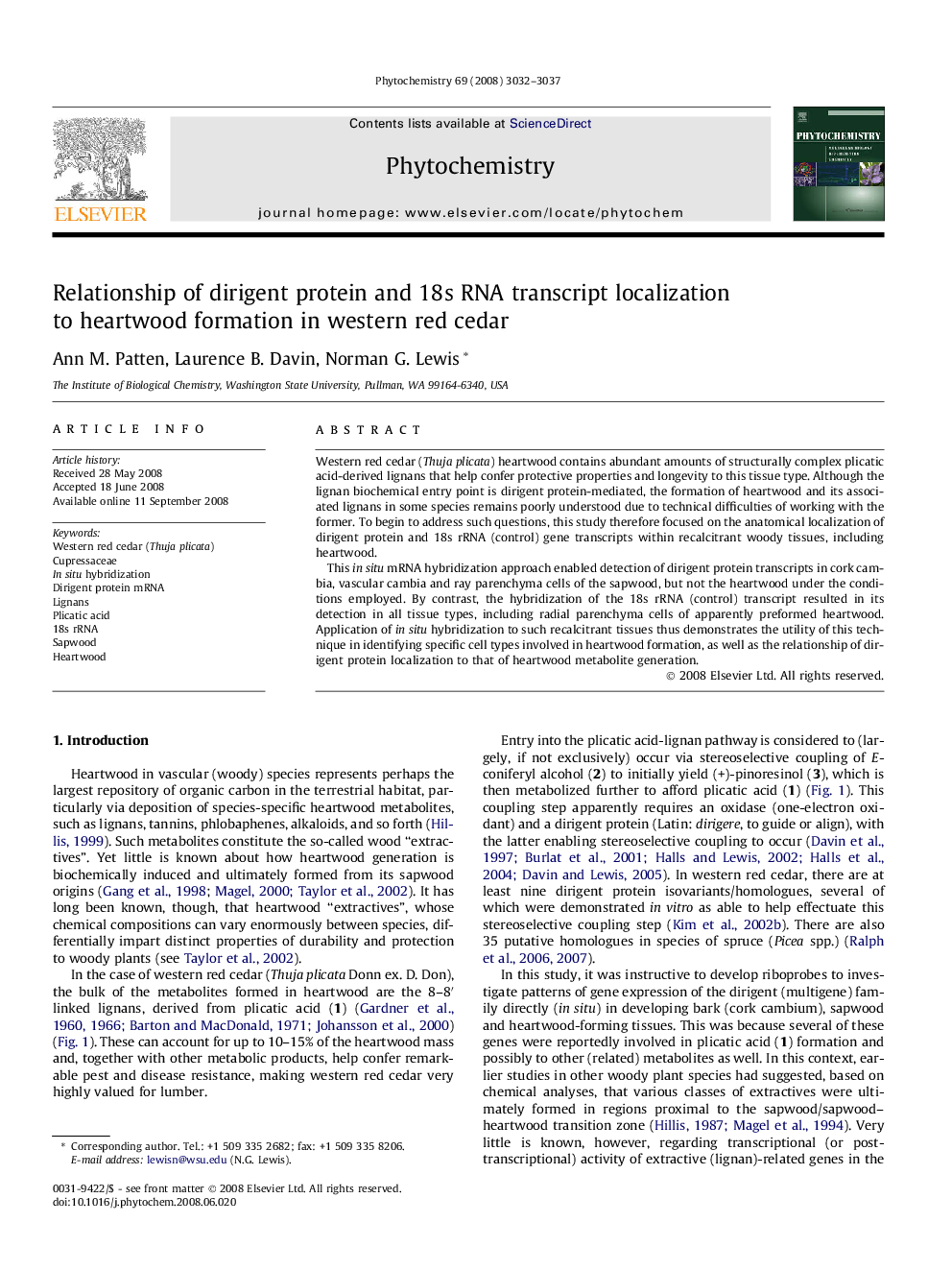 Relationship of dirigent protein and 18s RNA transcript localization to heartwood formation in western red cedar