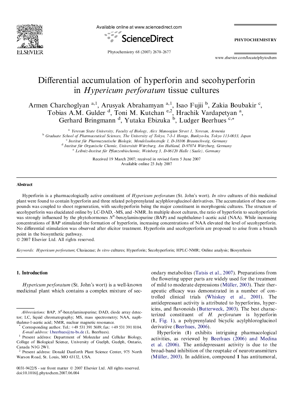 Differential accumulation of hyperforin and secohyperforin in Hypericum perforatum tissue cultures