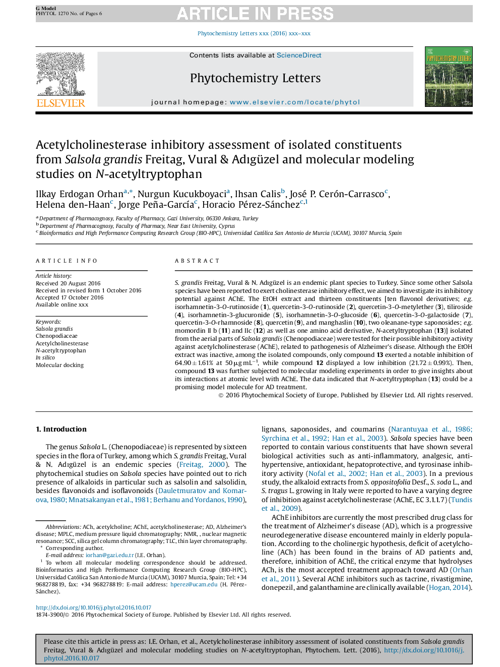 Acetylcholinesterase inhibitory assessment of isolated constituents from Salsola grandis Freitag, Vural & AdÄ±güzel and molecular modeling studies on N-acetyltryptophan