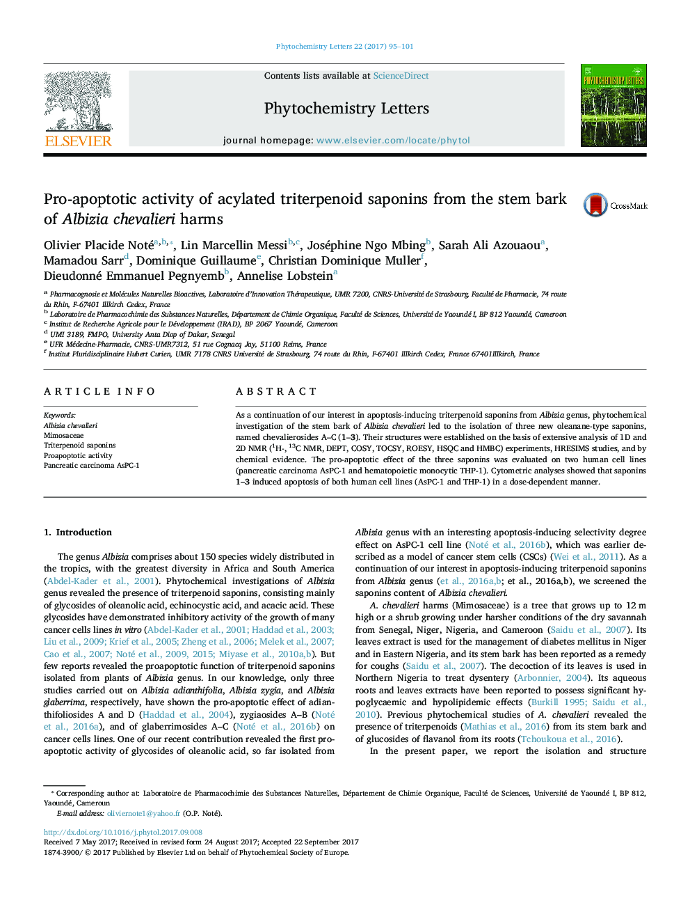 Pro-apoptotic activity of acylated triterpenoid saponins from the stem bark of Albizia chevalieri harms