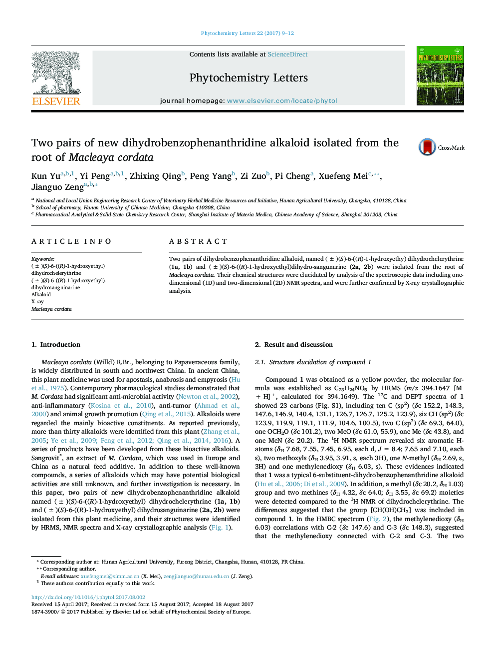 Two pairs of new dihydrobenzophenanthridine alkaloid isolated from the root of Macleaya cordata