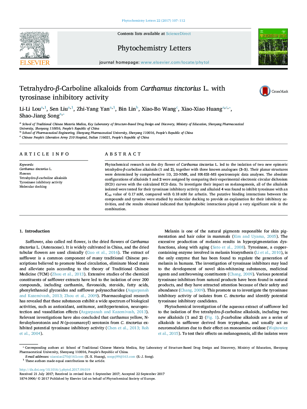 Tetrahydro-Î²-Carboline alkaloids from Carthamus tinctorius L. with tyrosinase inhibitory activity