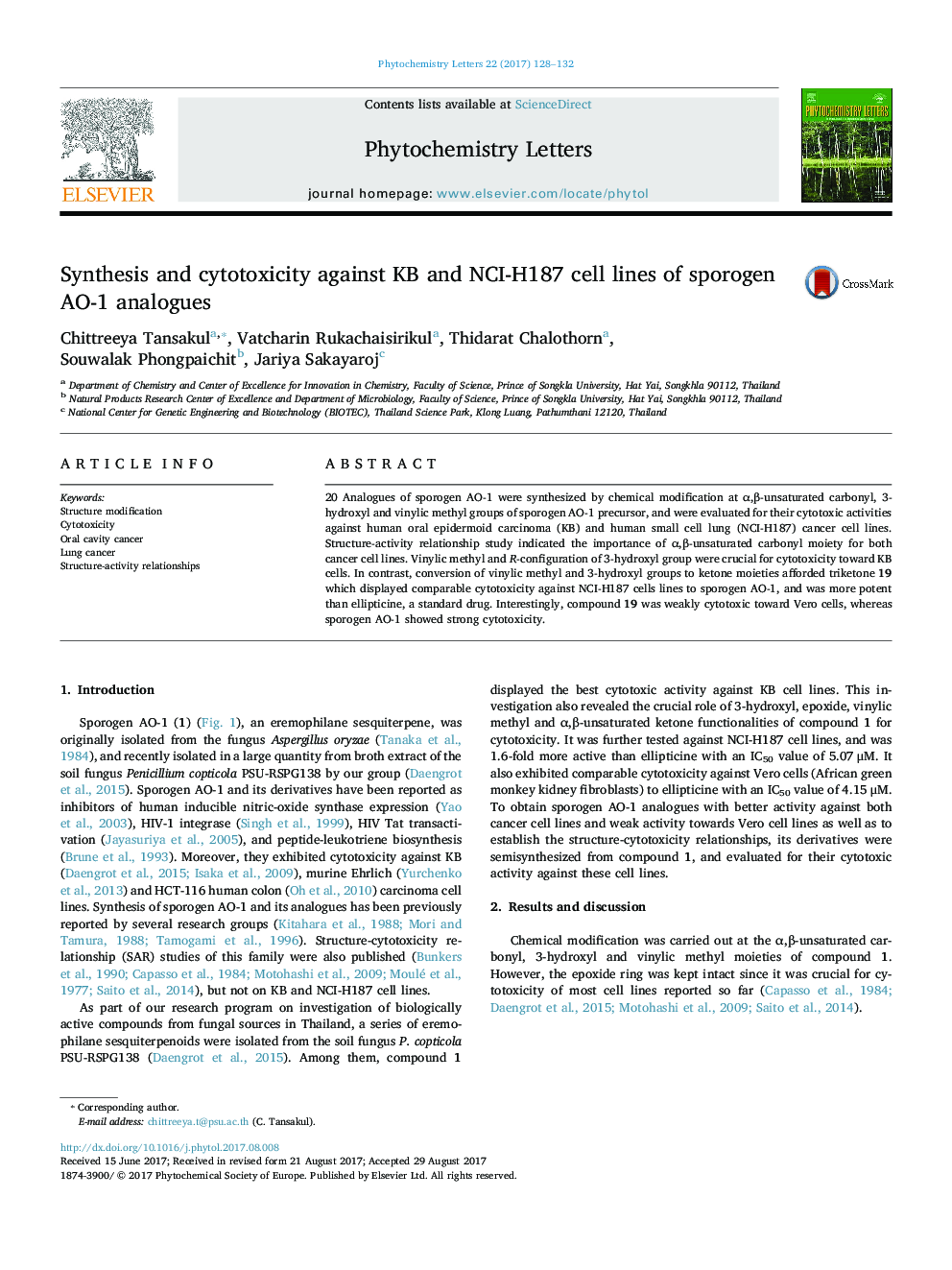 Synthesis and cytotoxicity against KB and NCI-H187 cell lines of sporogen AO-1 analogues