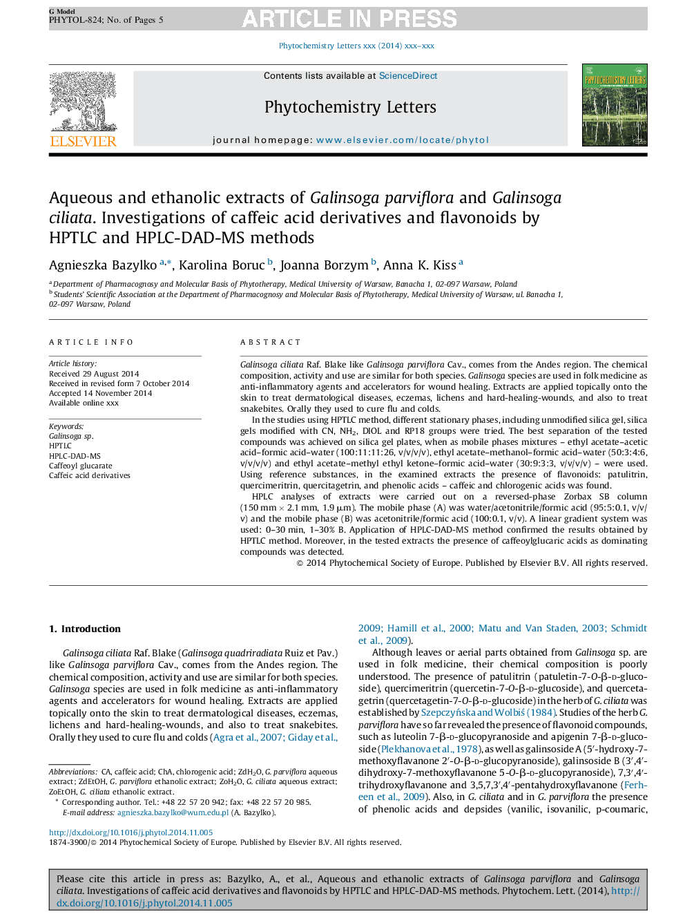 Aqueous and ethanolic extracts of Galinsoga parviflora and Galinsoga ciliata. Investigations of caffeic acid derivatives and flavonoids by HPTLC and HPLC-DAD-MS methods