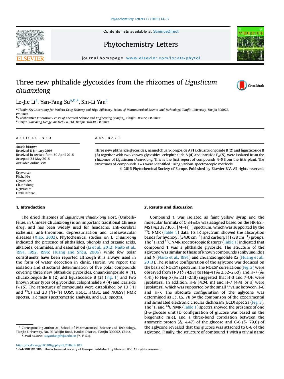 Three new phthalide glycosides from the rhizomes of Ligusticum chuanxiong