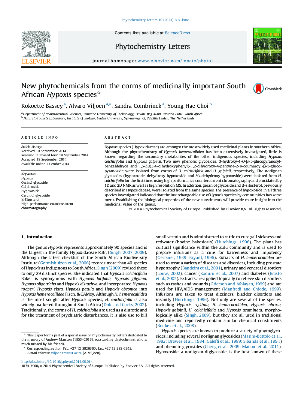 New phytochemicals from the corms of medicinally important South African Hypoxis species