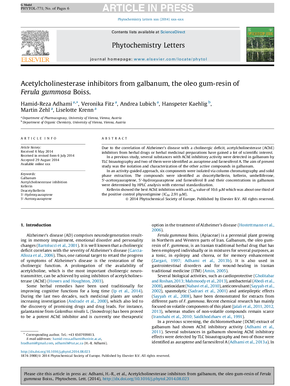 Acetylcholinesterase inhibitors from galbanum, the oleo gum-resin of Ferula gummosa Boiss.