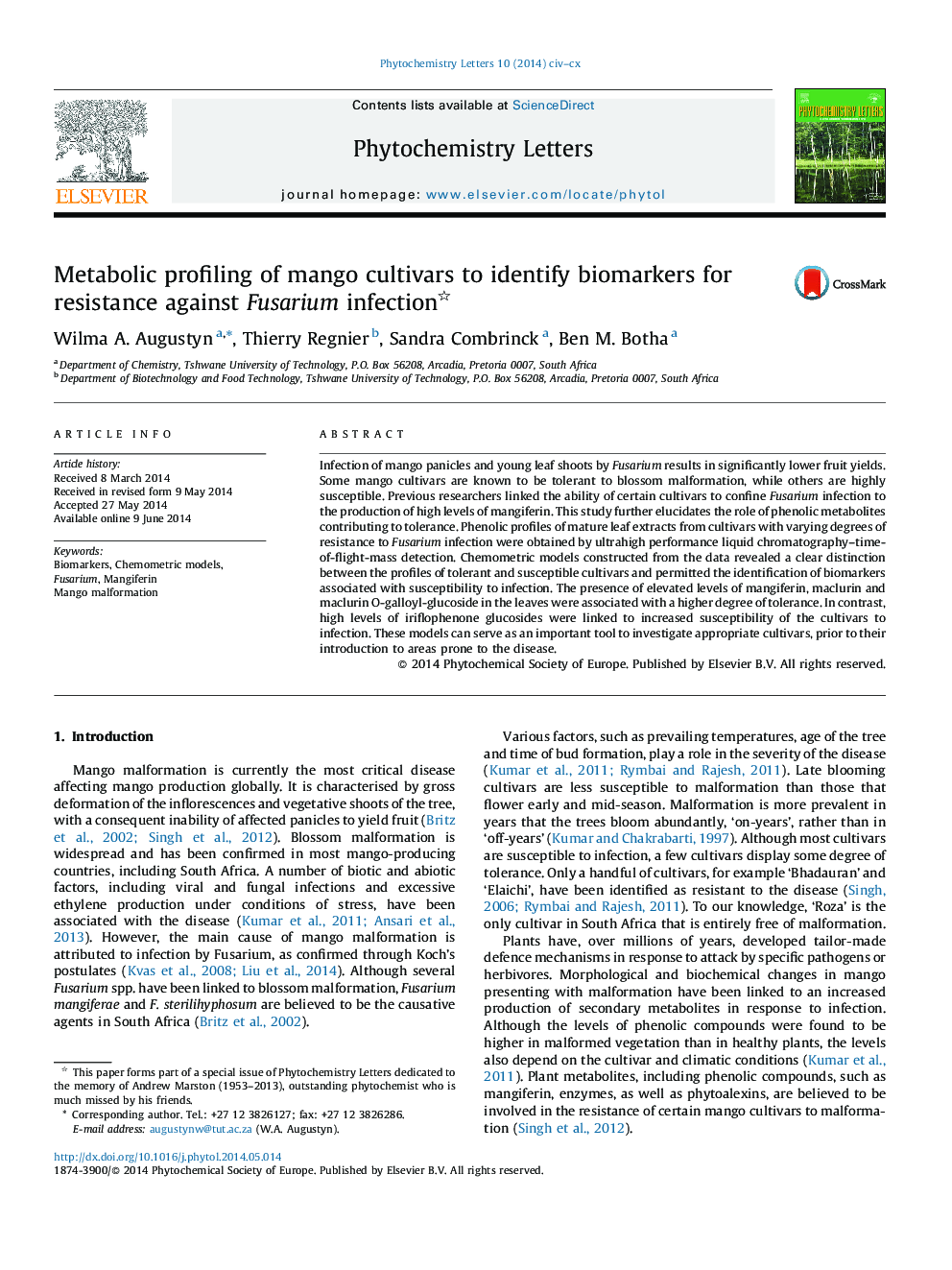 Metabolic profiling of mango cultivars to identify biomarkers for resistance against Fusarium infection
