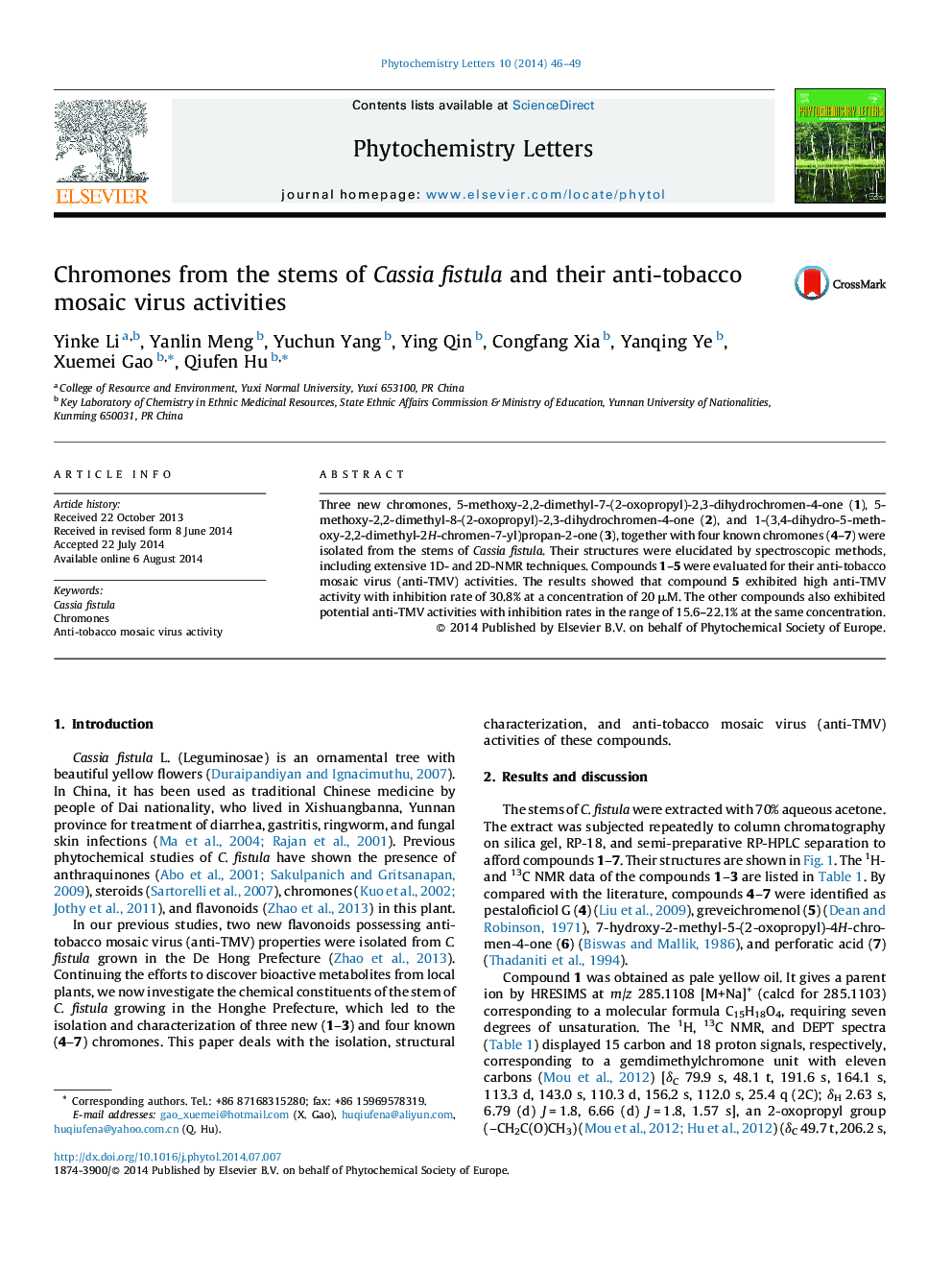 Chromones from the stems of Cassia fistula and their anti-tobacco mosaic virus activities