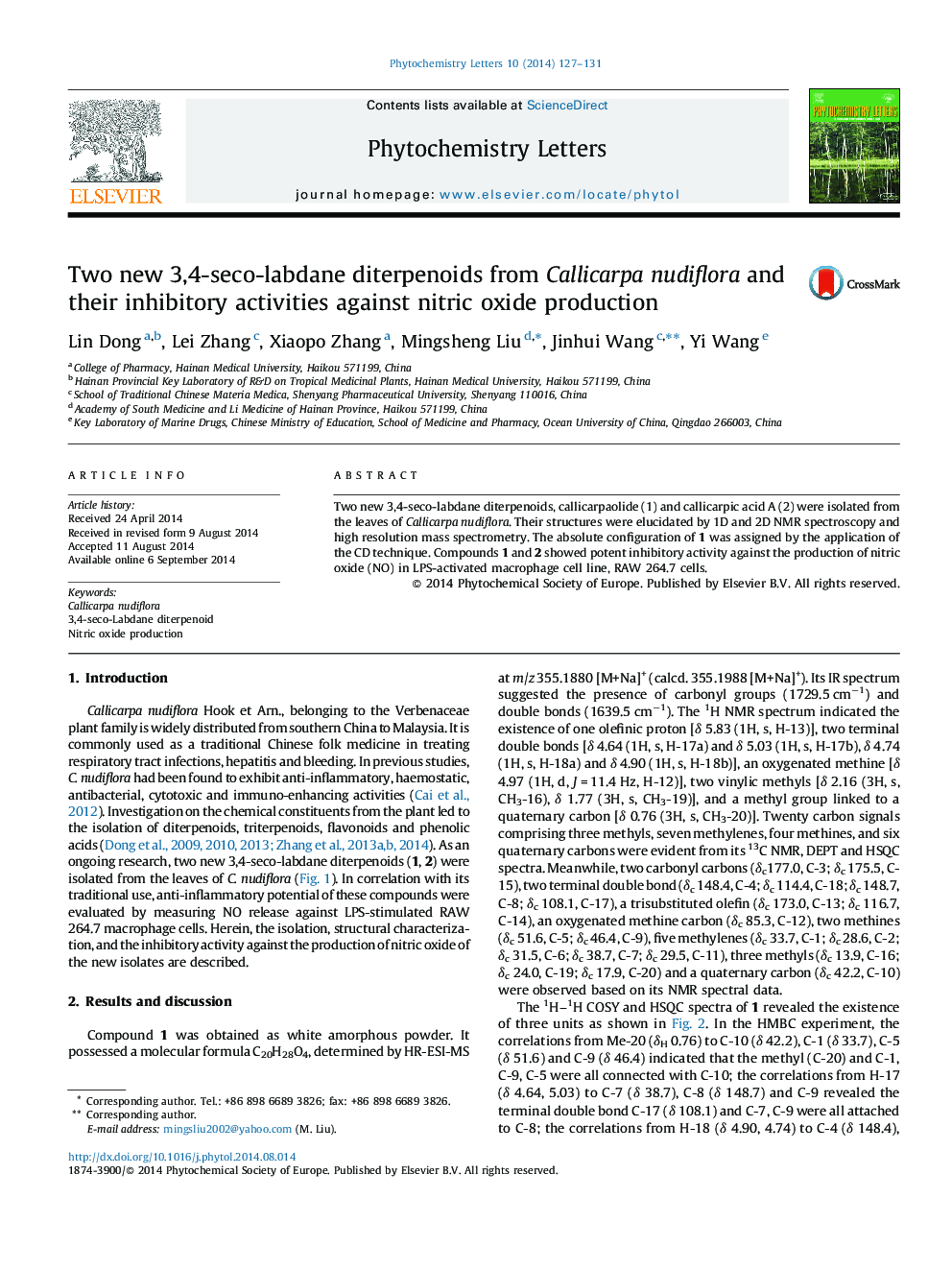 Two new 3,4-seco-labdane diterpenoids from Callicarpa nudiflora and their inhibitory activities against nitric oxide production