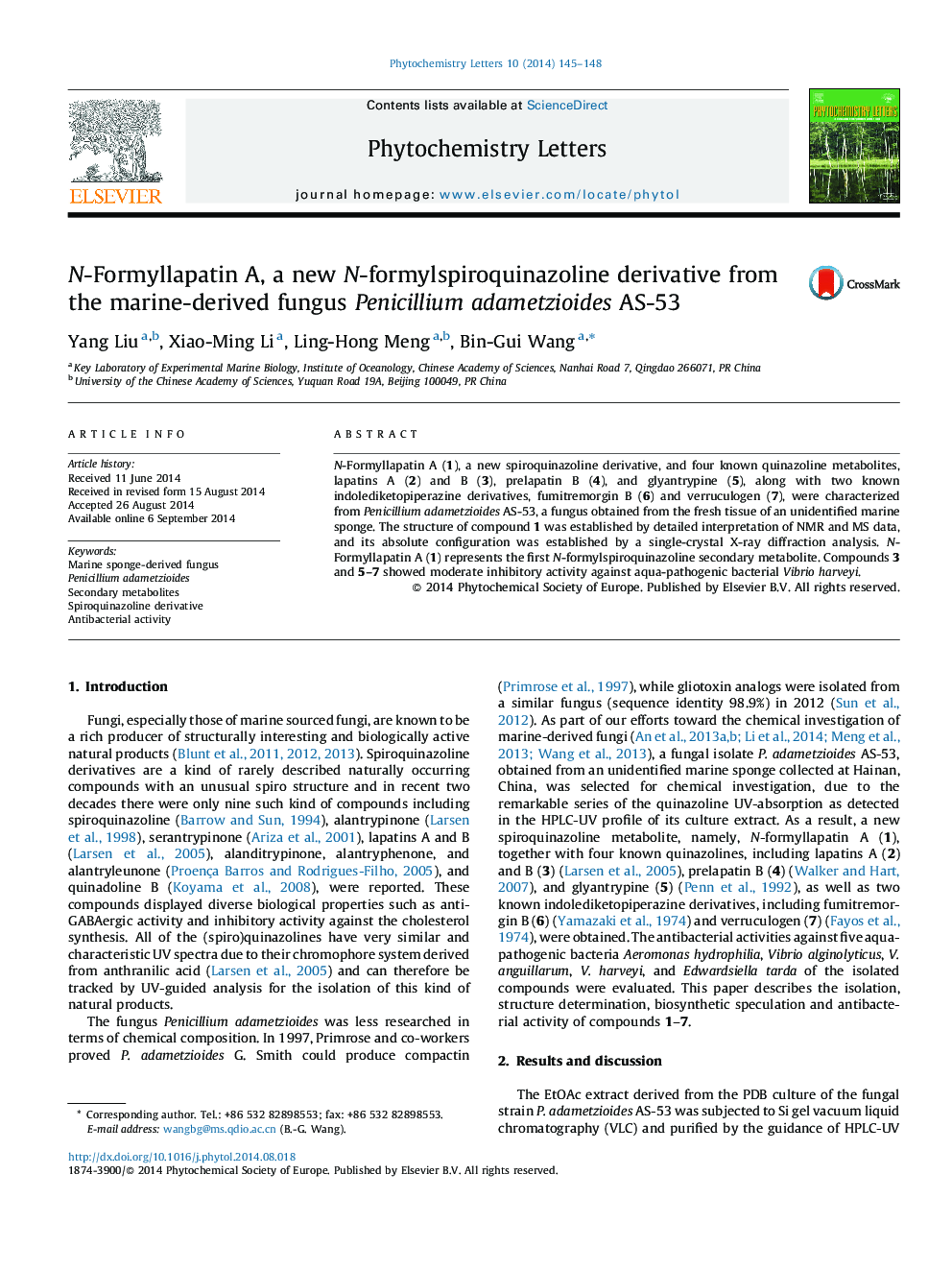 N-Formyllapatin A, a new N-formylspiroquinazoline derivative from the marine-derived fungus Penicillium adametzioides AS-53