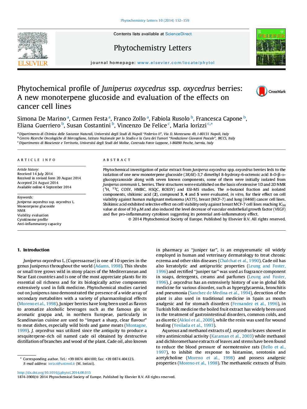 Phytochemical profile of Juniperus oxycedrus ssp. oxycedrus berries: A new monoterpene glucoside and evaluation of the effects on cancer cell lines