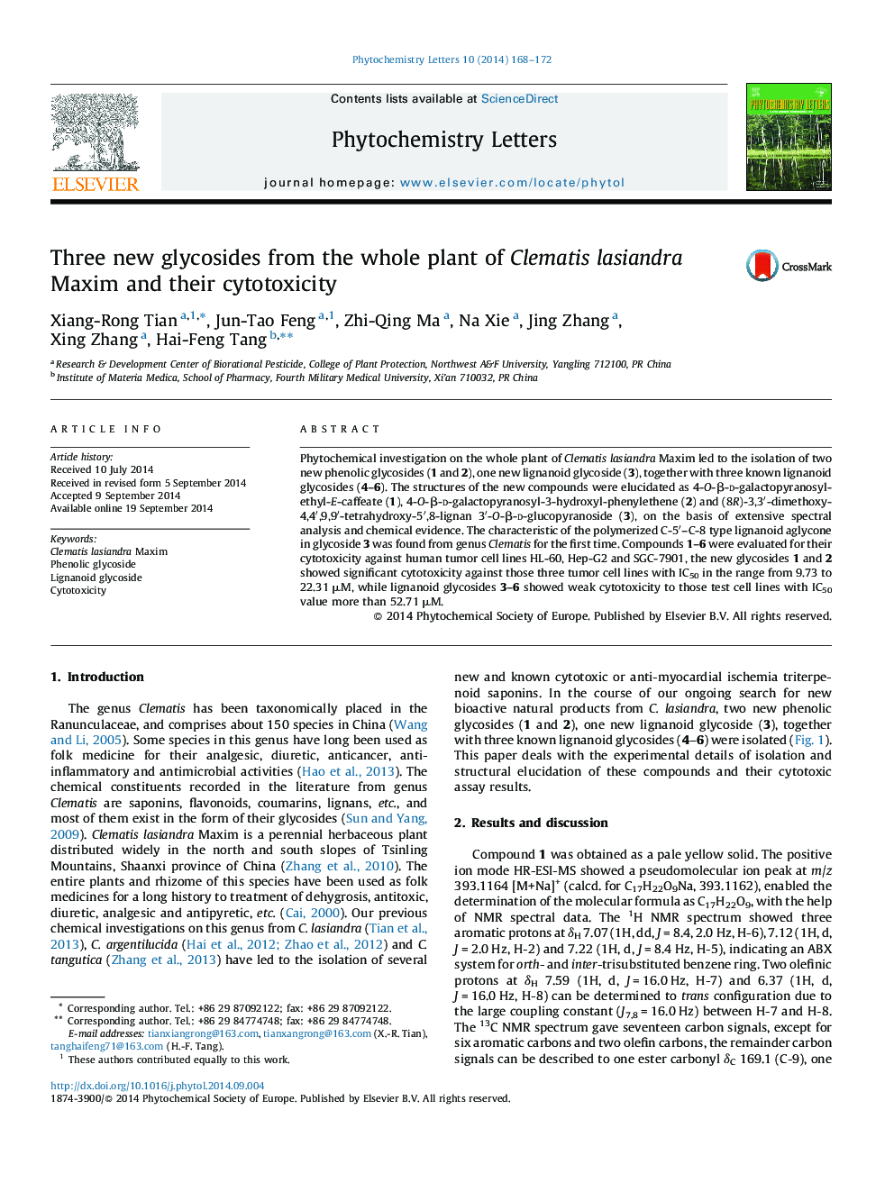 Three new glycosides from the whole plant of Clematis lasiandra Maxim and their cytotoxicity