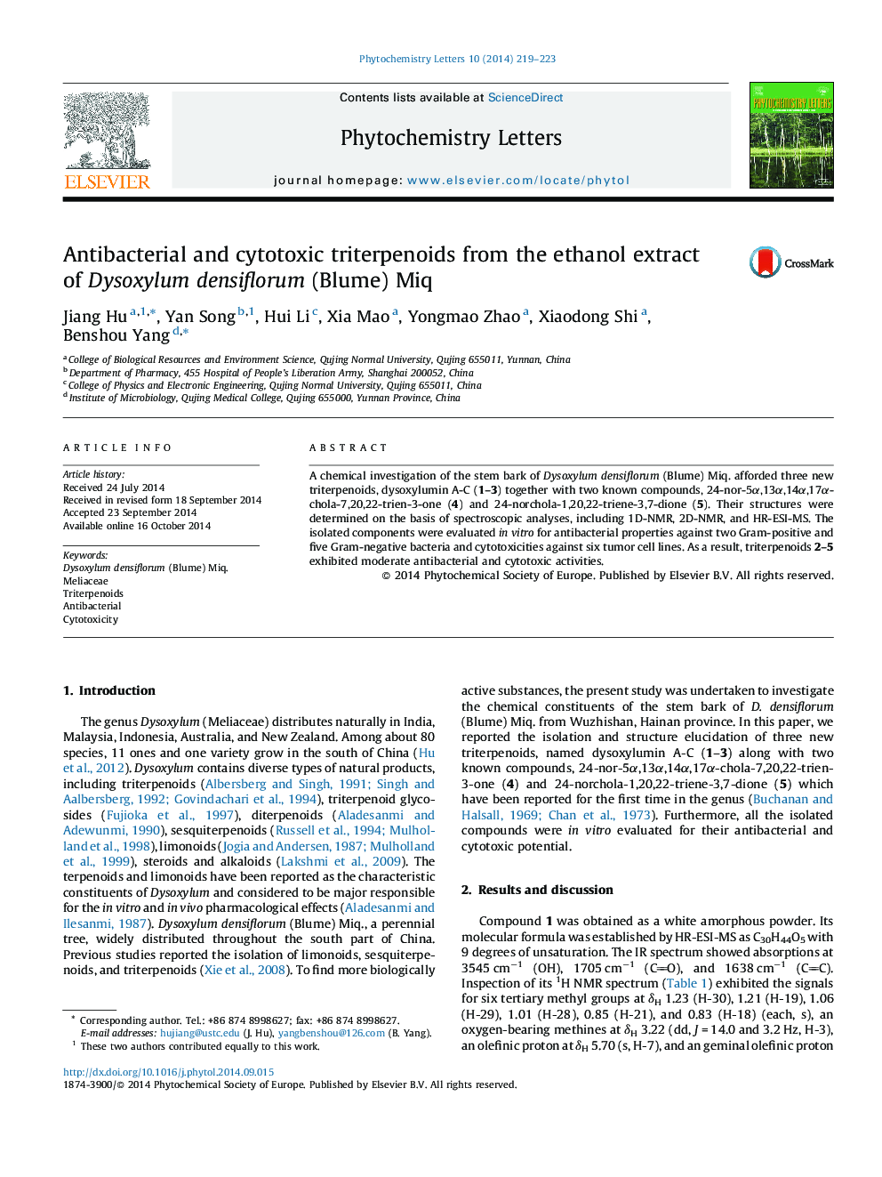 Antibacterial and cytotoxic triterpenoids from the ethanol extract of Dysoxylum densiflorum (Blume) Miq