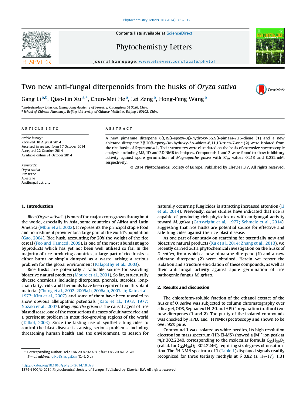 Two new anti-fungal diterpenoids from the husks of Oryza sativa