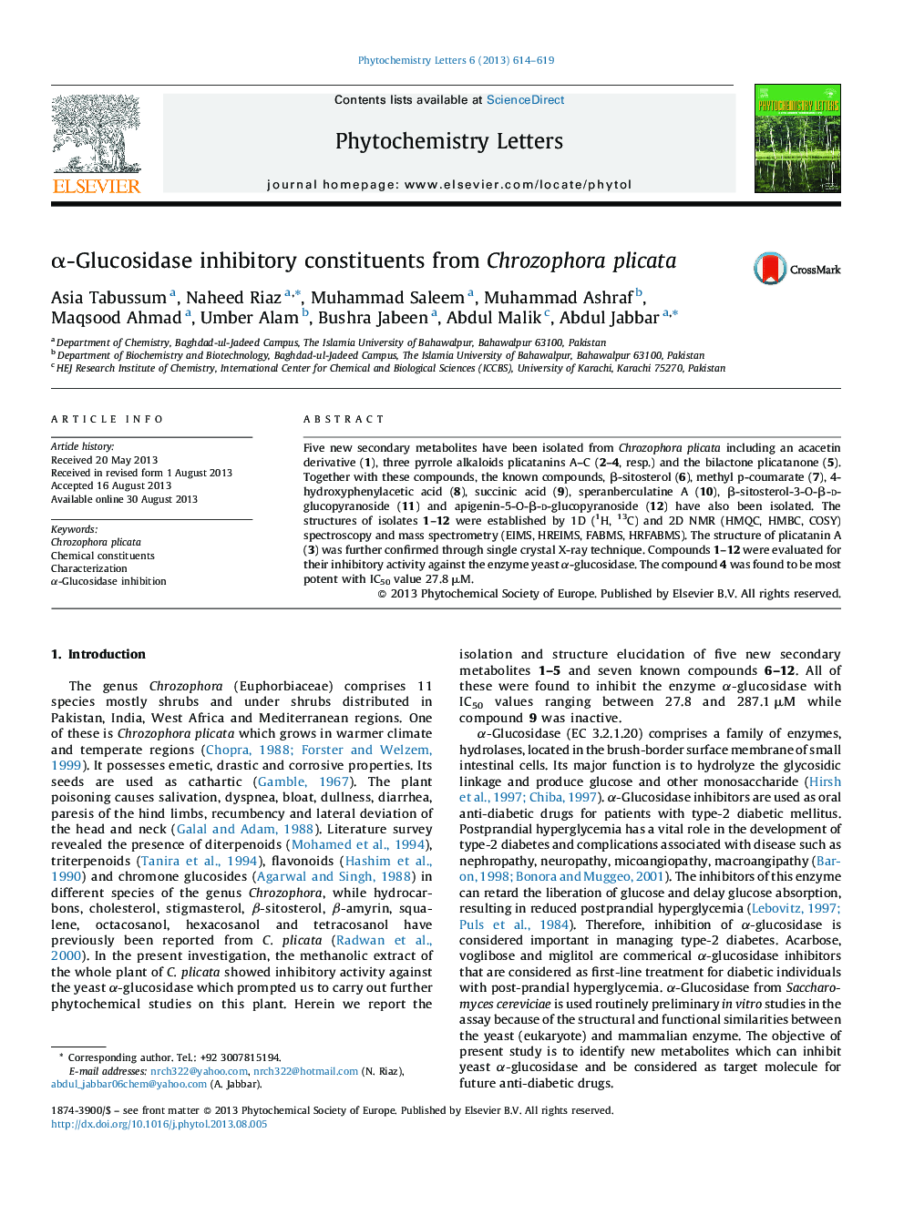 Î±-Glucosidase inhibitory constituents from Chrozophora plicata