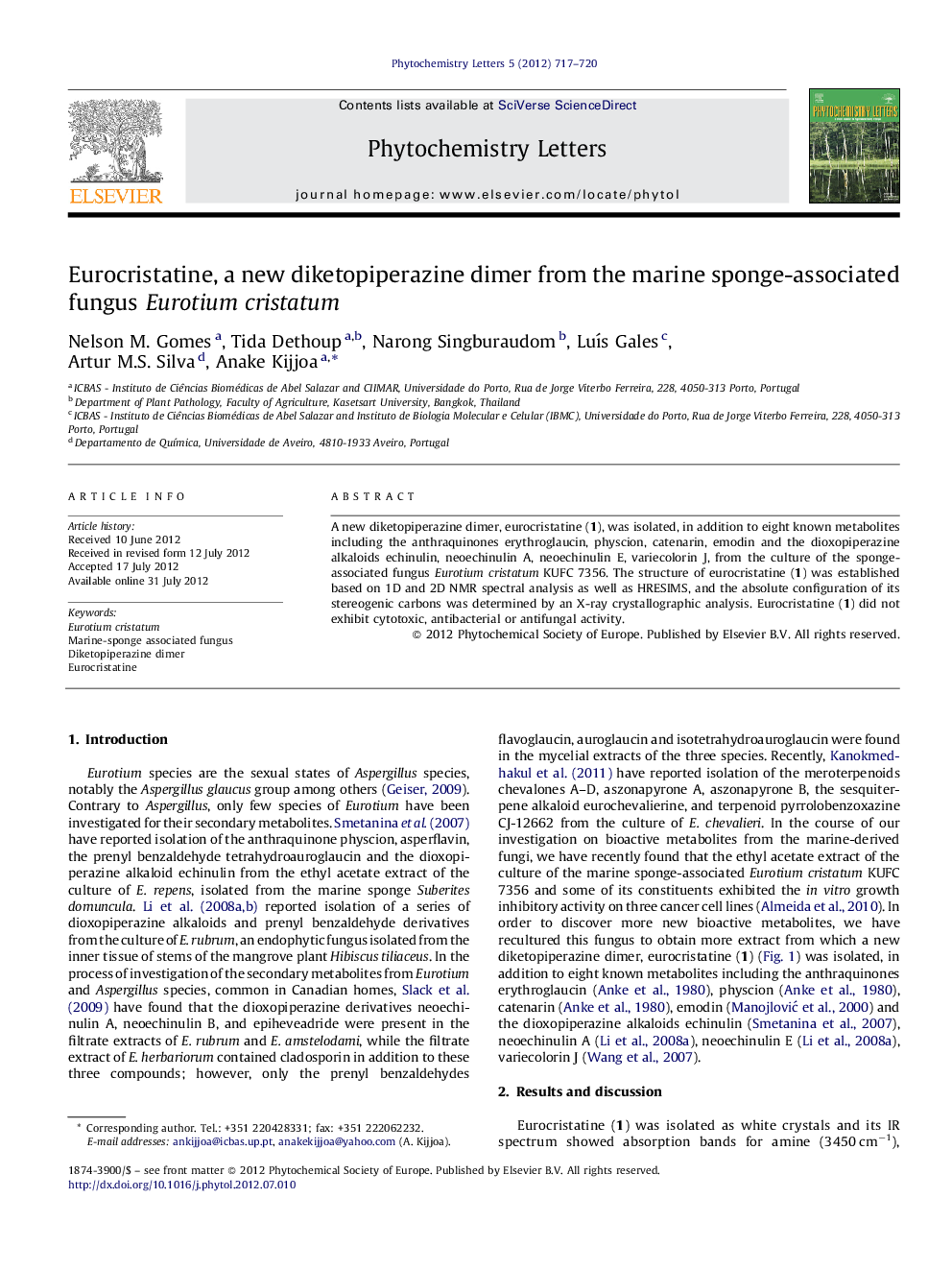 Eurocristatine, a new diketopiperazine dimer from the marine sponge-associated fungus Eurotium cristatum