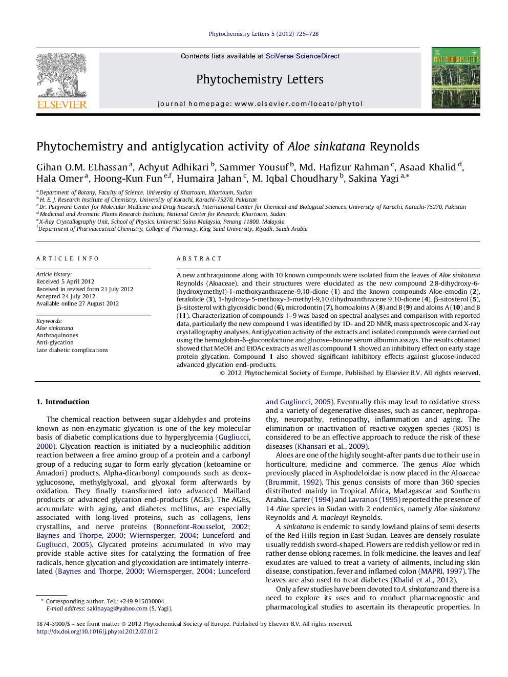 Phytochemistry and antiglycation activity of Aloe sinkatana Reynolds