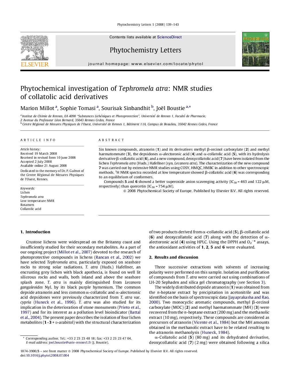 Phytochemical investigation of Tephromela atra: NMR studies of collatolic acid derivatives