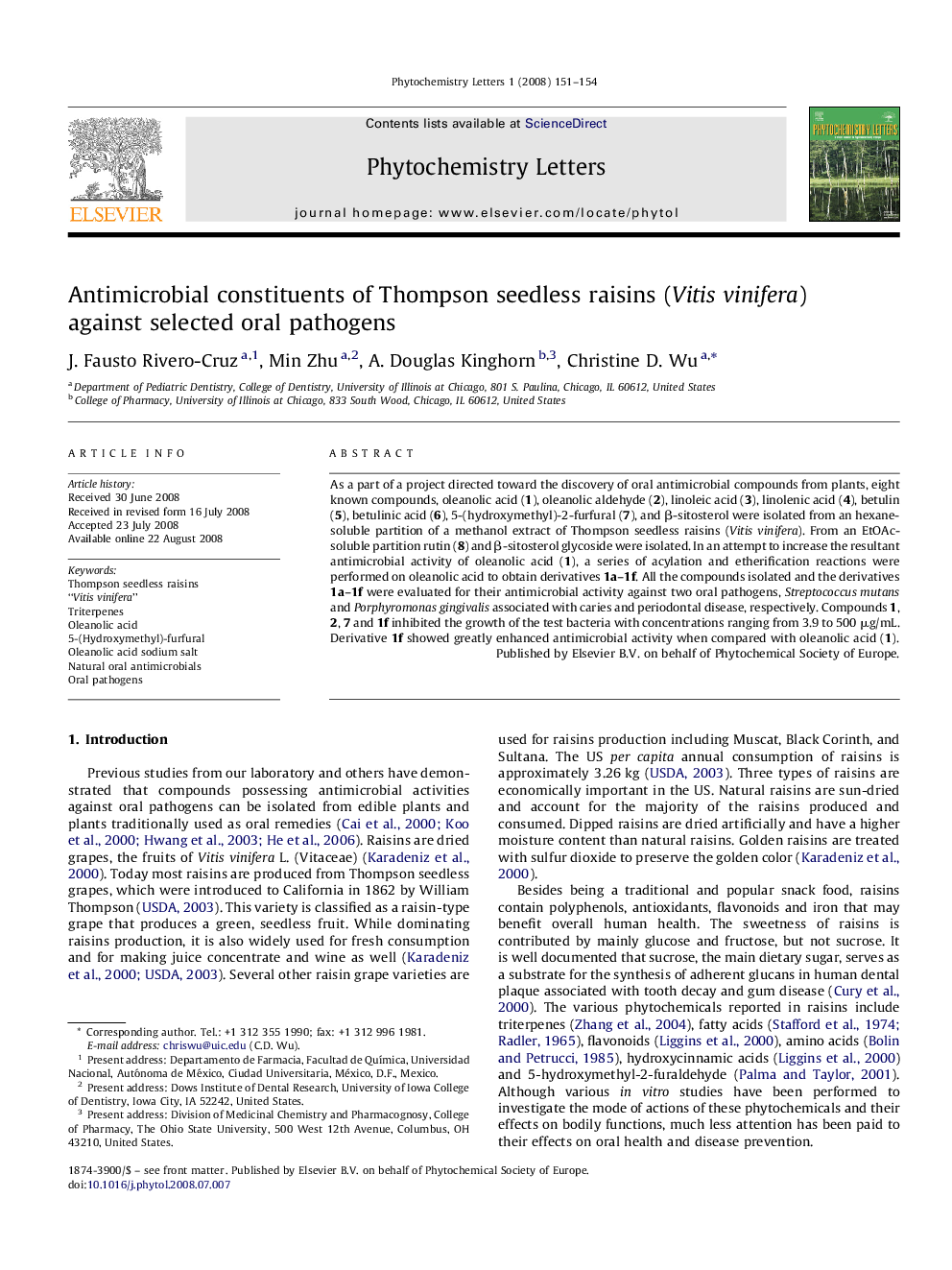 Antimicrobial constituents of Thompson seedless raisins (Vitis vinifera) against selected oral pathogens