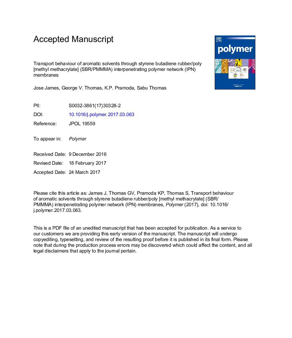 Transport behaviour of aromatic solvents through styrene butadiene rubber/poly [methyl methacrylate] (SBR/PMMMA) interpenetrating polymer network (IPN) membranes