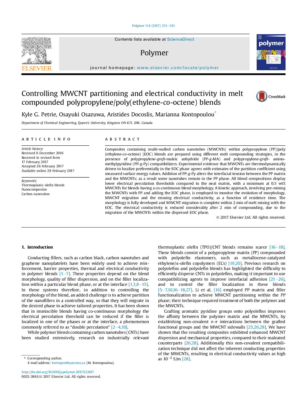 Controlling MWCNT partitioning and electrical conductivity in melt compounded polypropylene/poly(ethylene-co-octene) blends