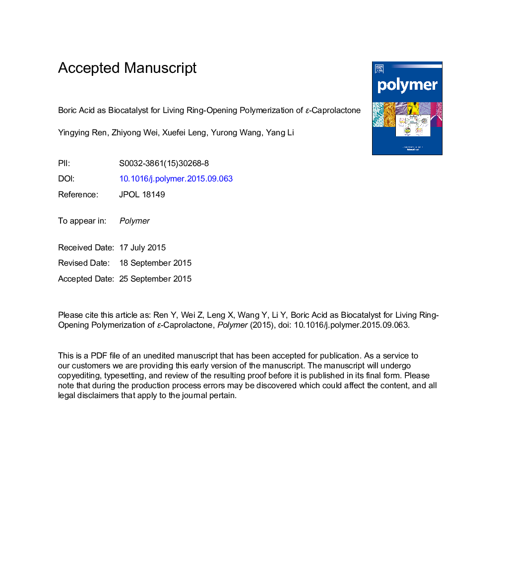 Boric acid as biocatalyst for living ring-opening polymerization of Îµ-caprolactone