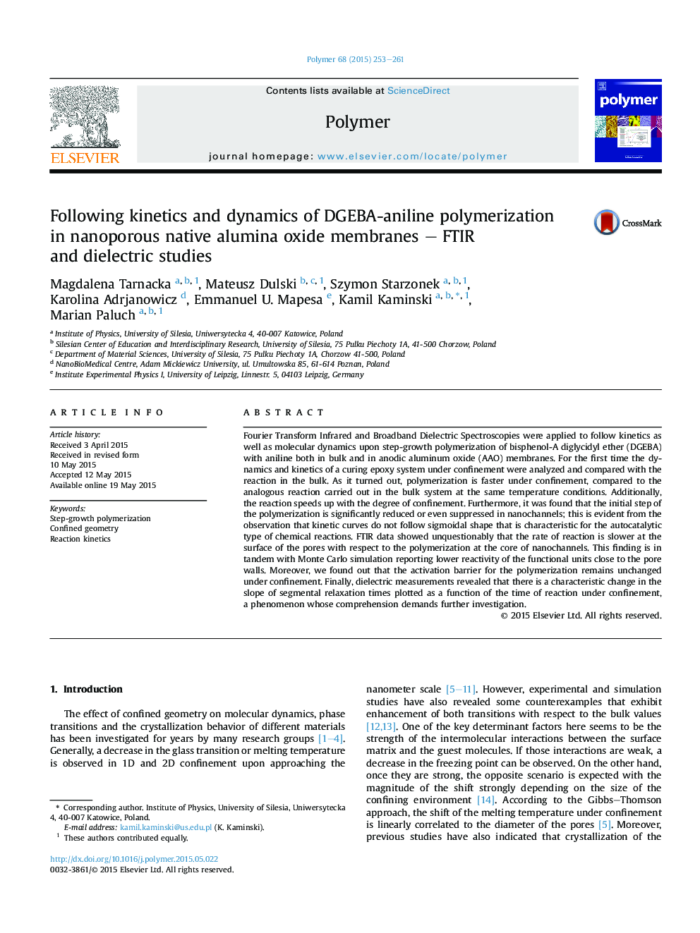 Following kinetics and dynamics of DGEBA-aniline polymerization inÂ nanoporous native alumina oxide membranes - FTIR andÂ dielectricÂ studies